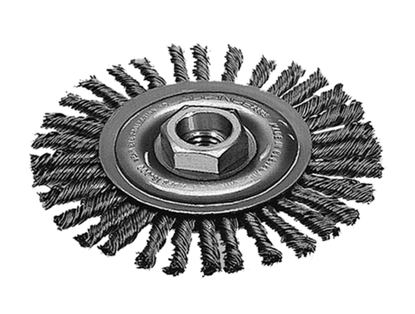 Carbon steel wire wheel brush with stringer bead design and center threaded arbor for angle grinder attachment.
