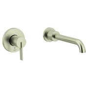 Brushed nickel wall-mounted tub faucet with single lever handle on left and curved spout on right.