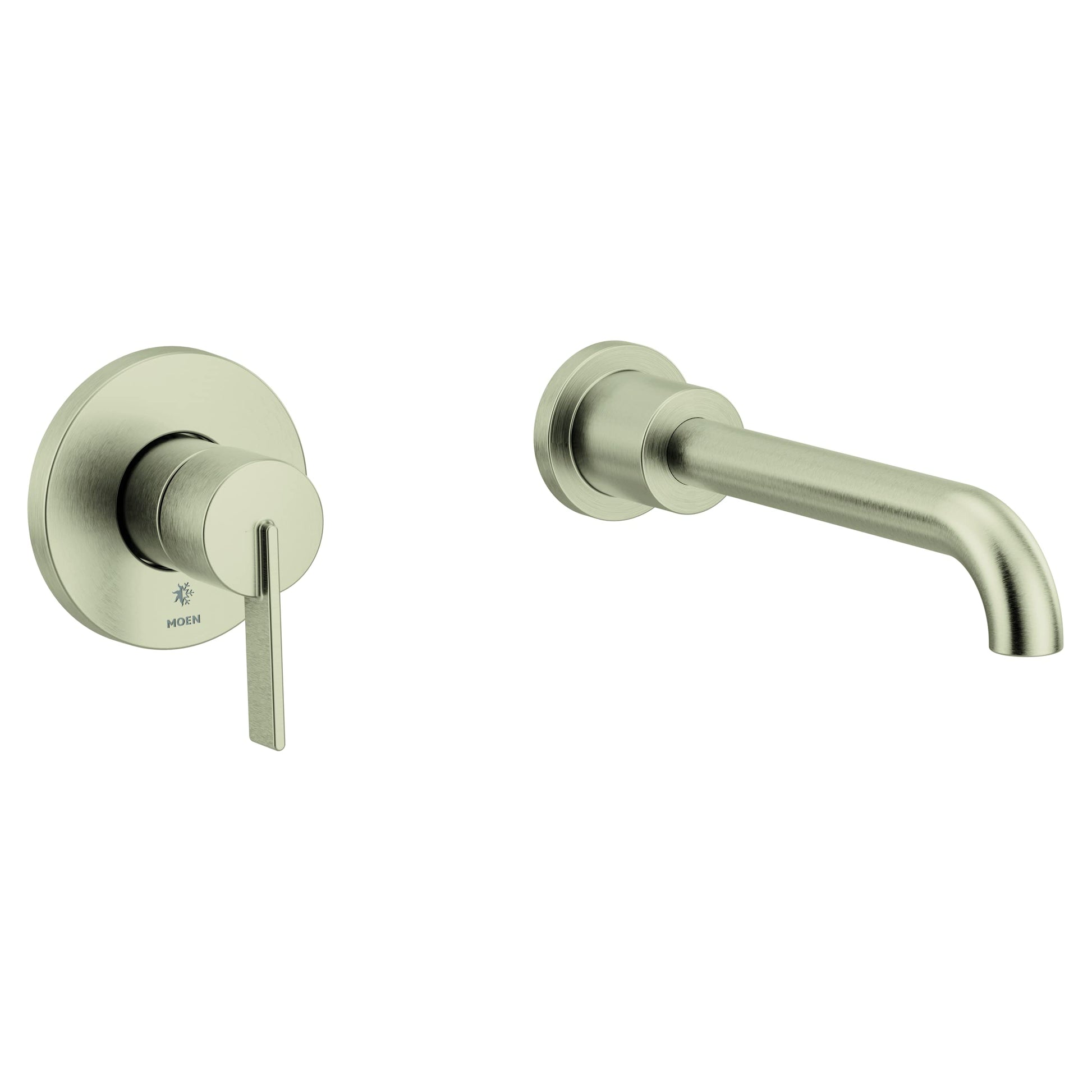 Brushed nickel wall-mounted tub faucet with single lever handle on left and curved spout on right.