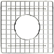 Stainless steel wire grid with square grid pattern and circular center opening for sink drain.