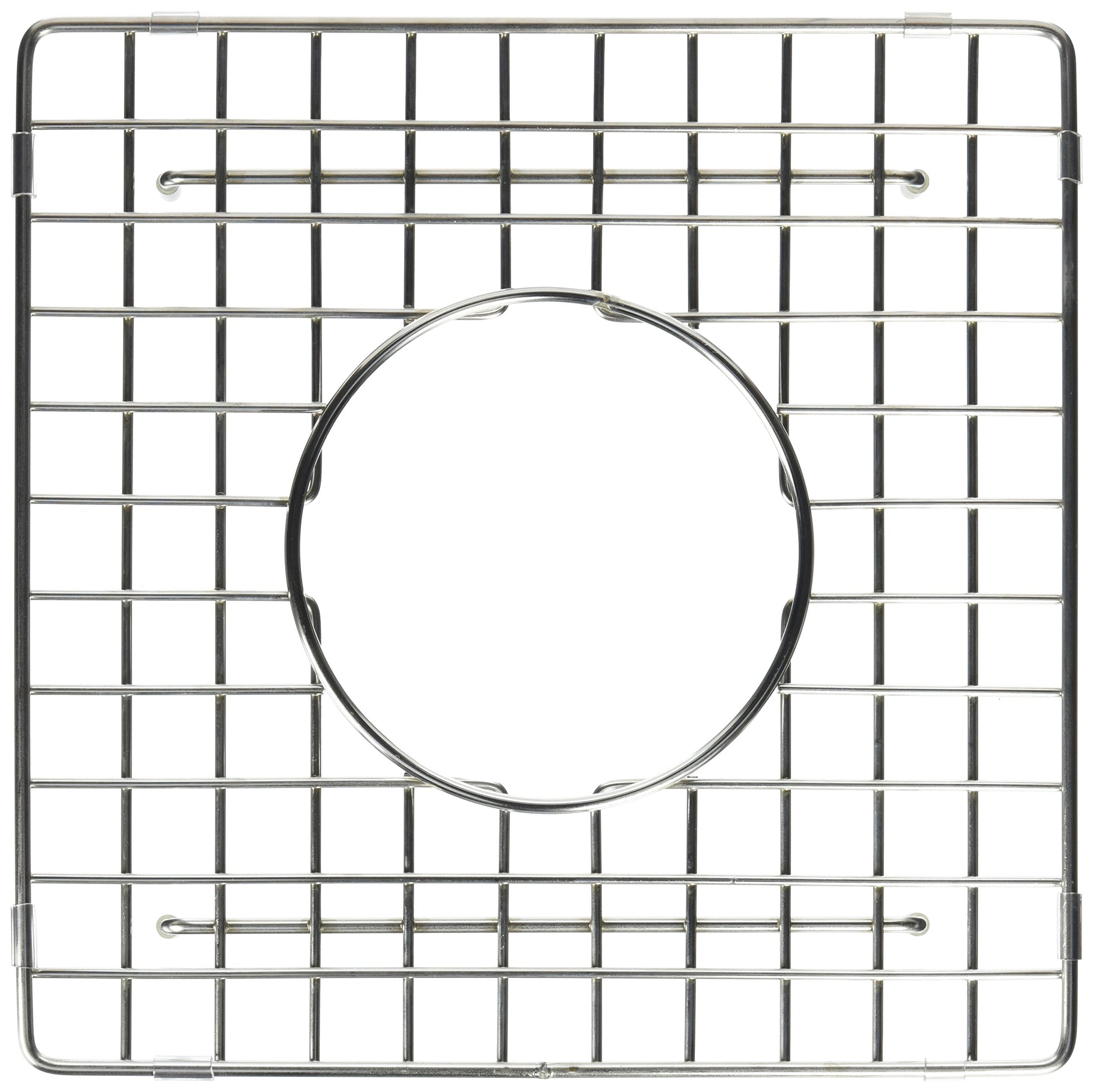 Stainless steel wire grid with square grid pattern and circular center opening for sink drain.