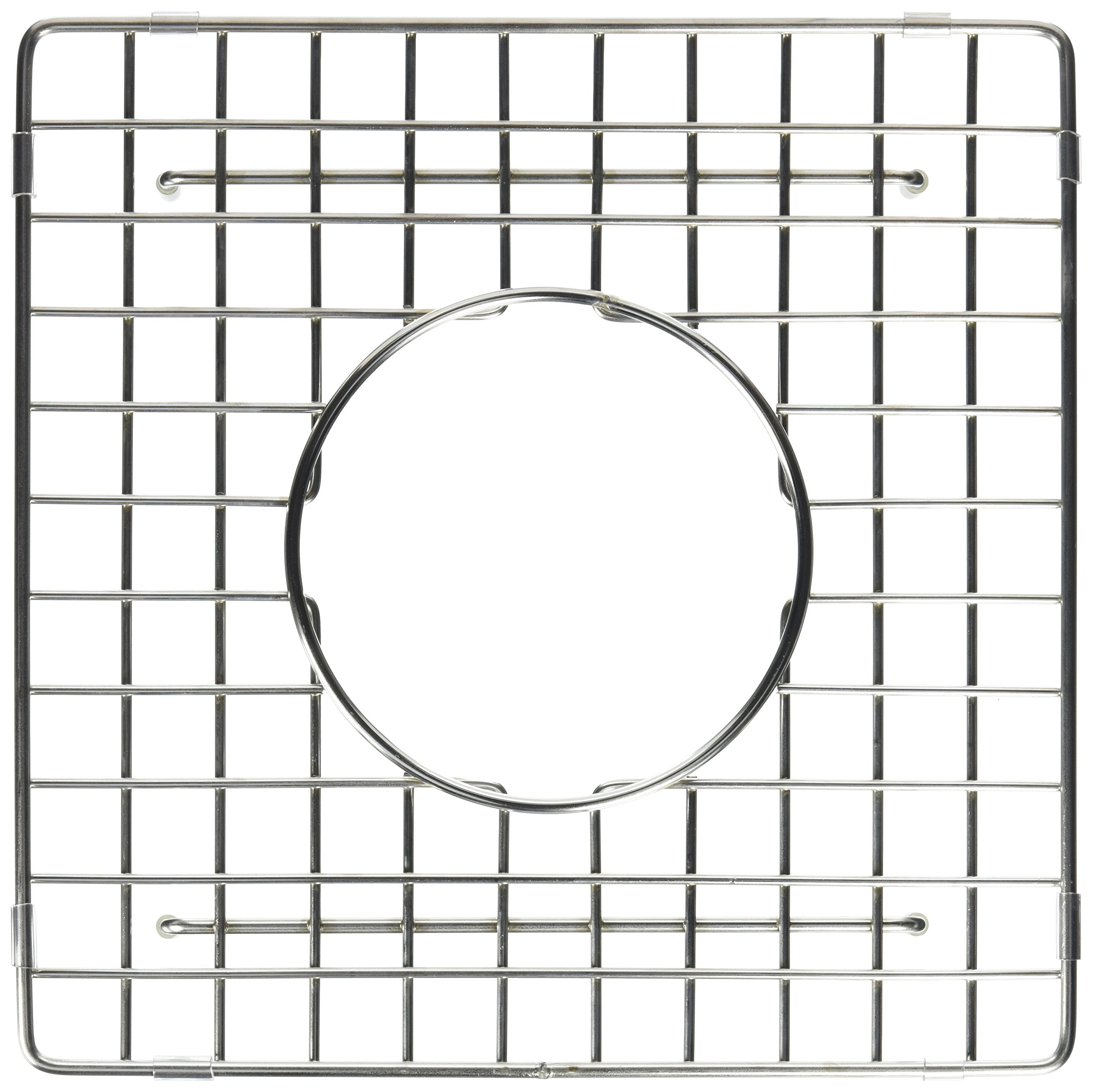 Stainless steel wire grid with square grid pattern and circular center opening for sink drain.