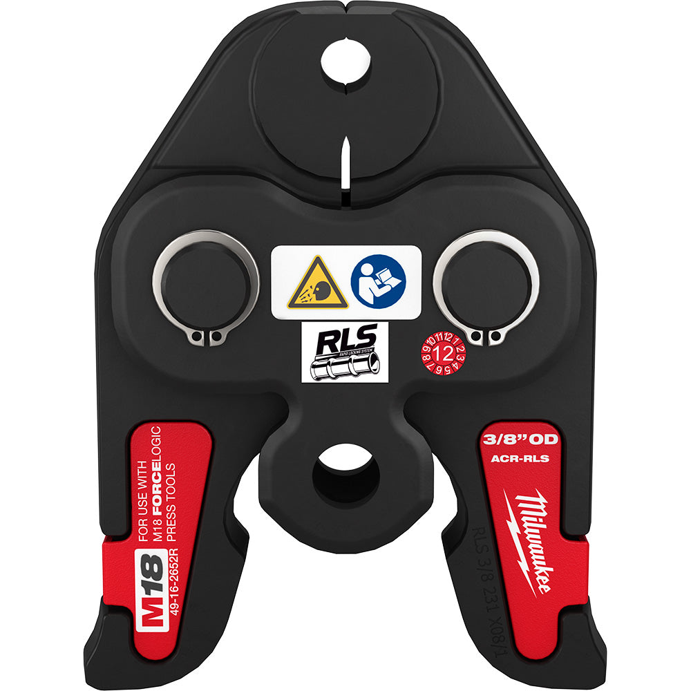 Black and red press jaw attachment with circular openings, mounting holes, and RLS labeling for M18 press tools.