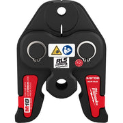 Black and red press jaw attachment with circular openings, mounting holes, and RLS labeling for M18 press tools.