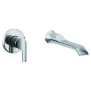 Chrome wall-mounted tub faucet with single lever handle and curved spout.