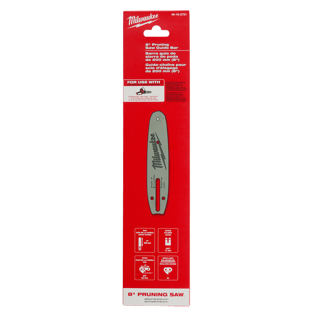 Milwaukee 49-16-2751 8" pruning saw guide bar with gray metal body and mounting holes on red packaging.