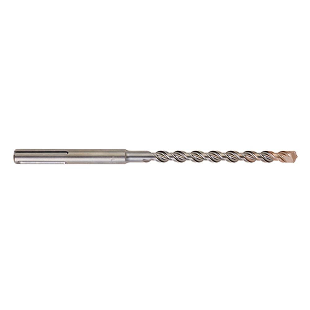 Milwaukee SDS-Max drill bit with spiral flutes and copper-colored tip on gray metal shaft.