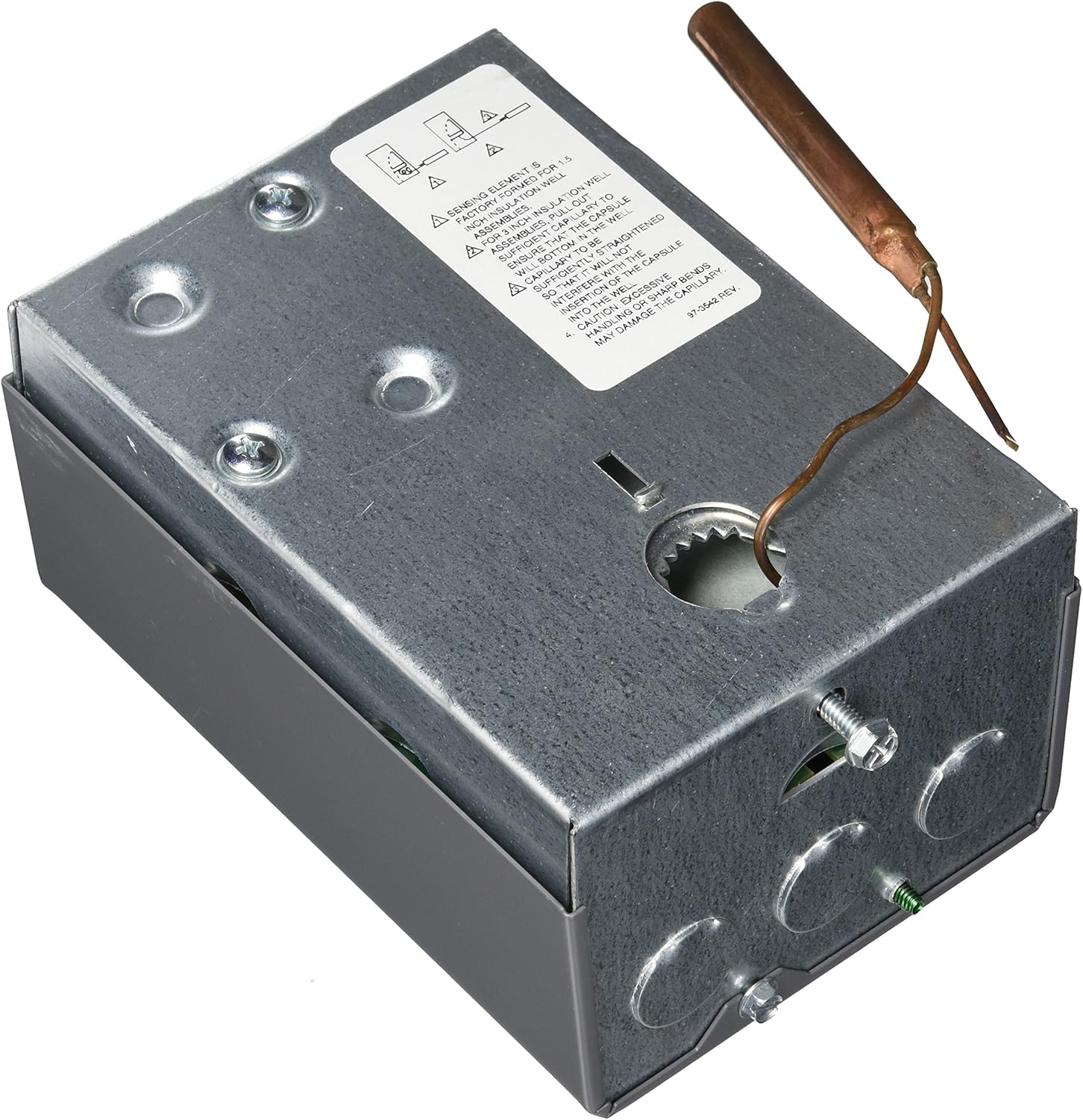 Gray metal aquastat relay box with white label, mounting holes, brown temperature sensor probe, and terminal connections on f