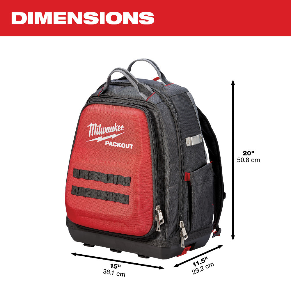 Red and black Milwaukee PACKOUT backpack with dual straps, front pockets, and dimensions of 20"H x 15"W x 11.5"D.