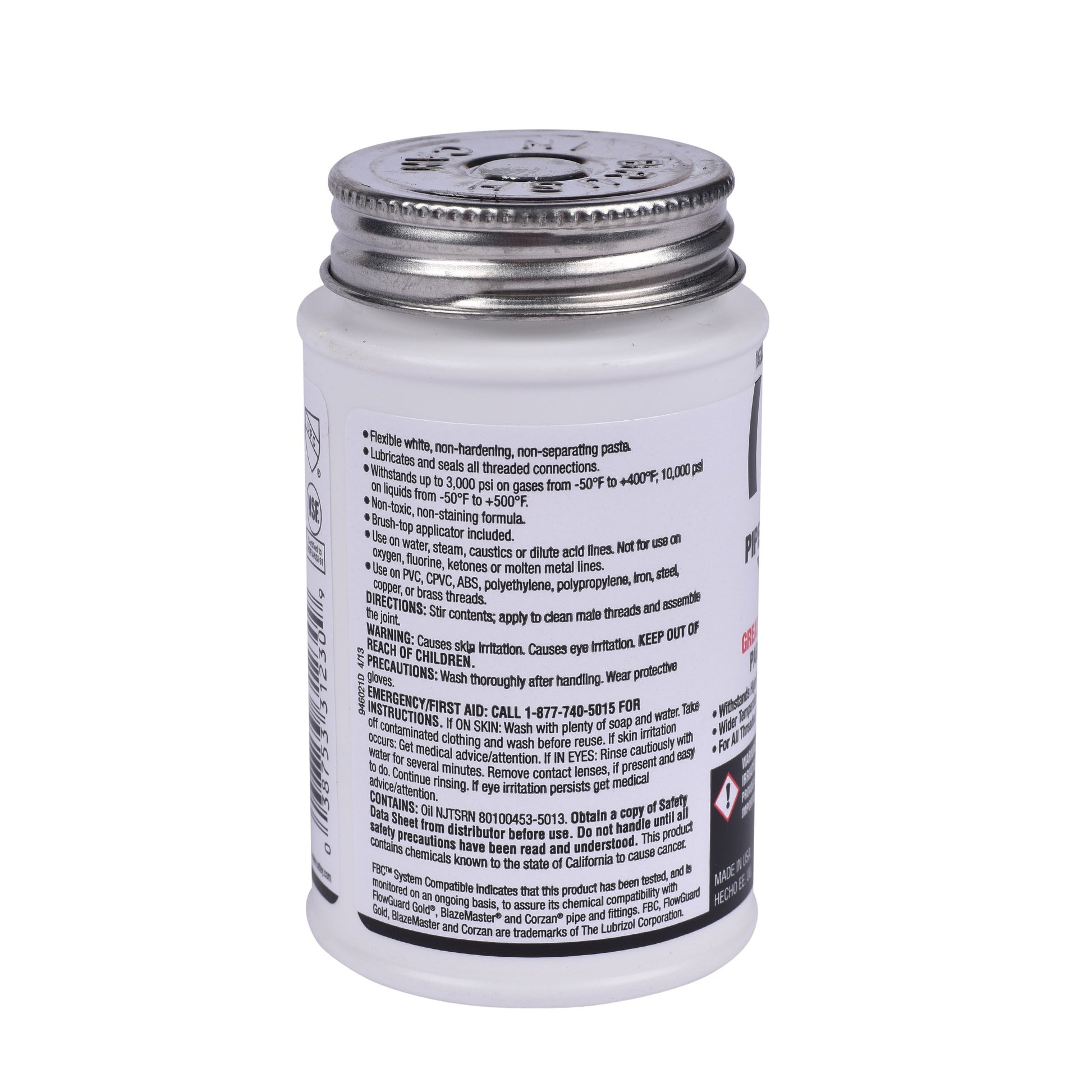 White pipe joint sealant compound in 4 oz. tube with metal threaded cap and product information label.