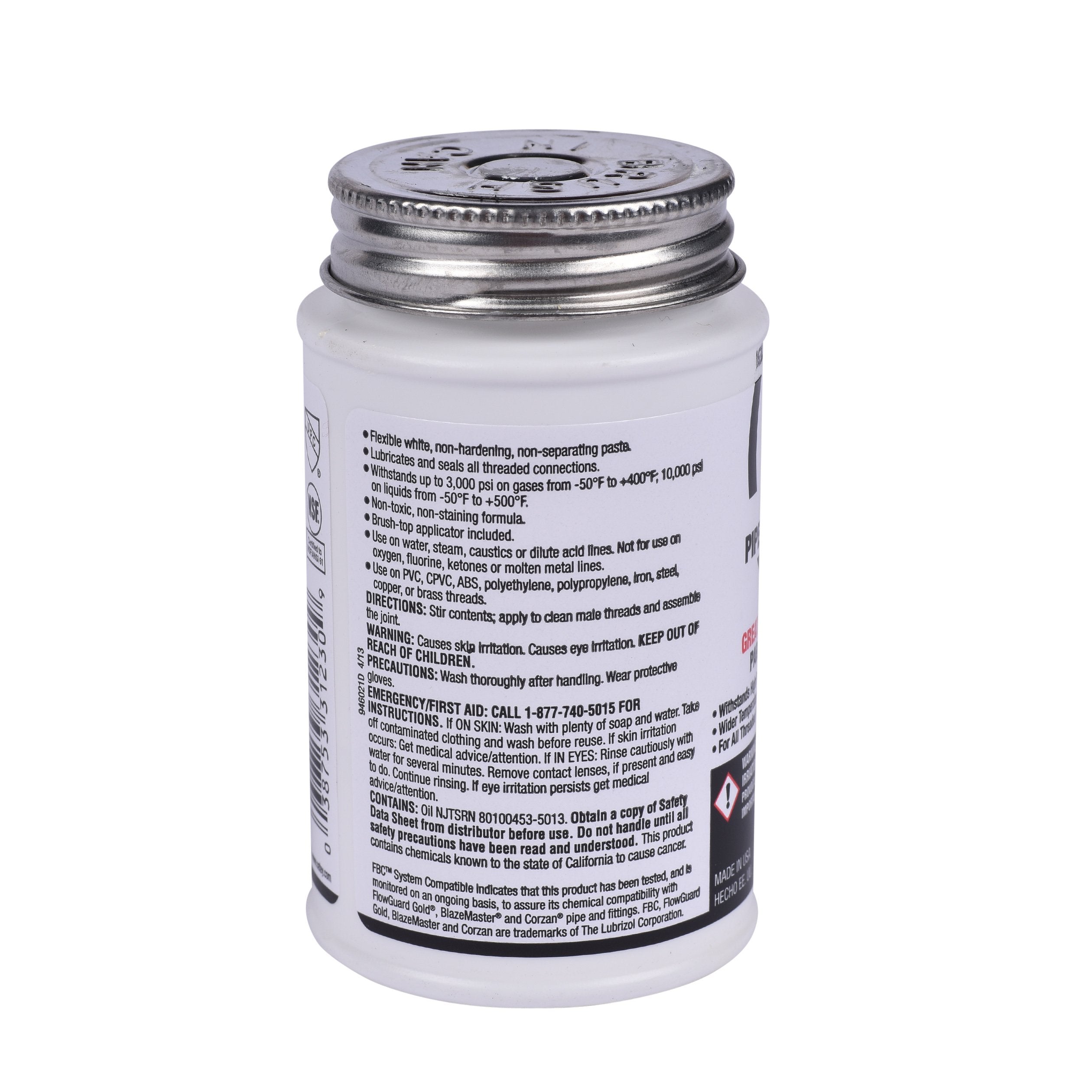 White pipe joint sealant compound in 4 oz. tube with metal threaded cap and product information label.