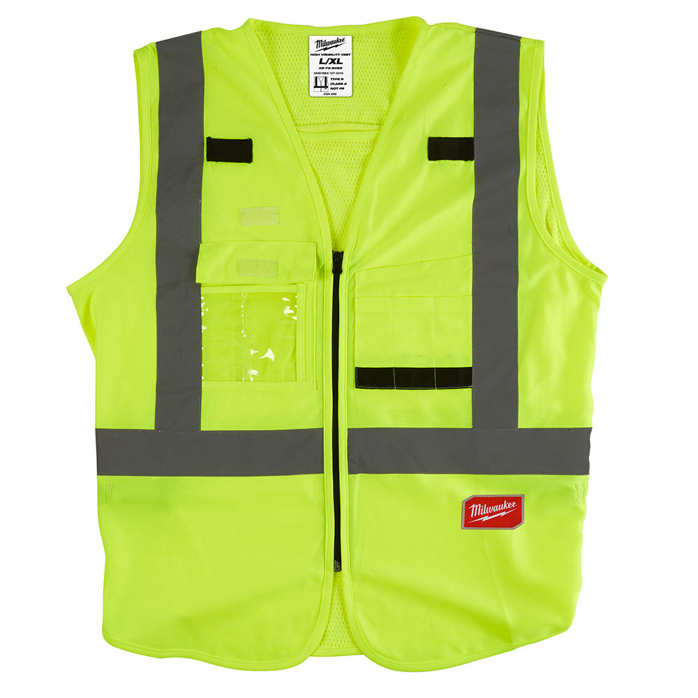 High-visibility yellow safety vest with gray reflective stripes, front zip closure, and multiple pockets on bright lime backg