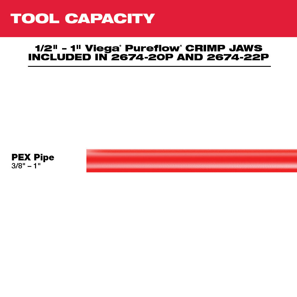 Tool capacity specification showing 1/2" to 1" Viega PureFlow crimp jaws and 3/8" to 1" PEX pipe compatibility.