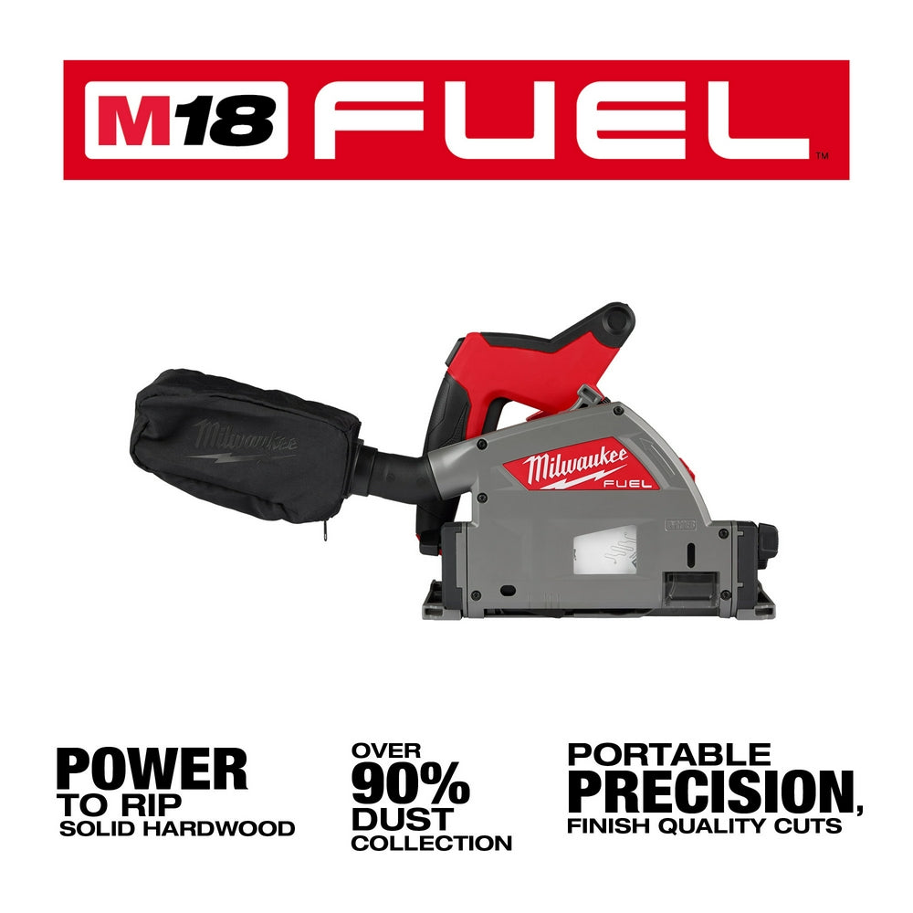 Milwaukee M18 FUEL plunge track saw with red and gray body, black dust collection bag, and circular blade visible from side a