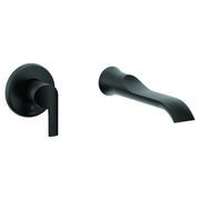 Matte black wall-mounted tub faucet with single lever handle on left and curved spout on right.