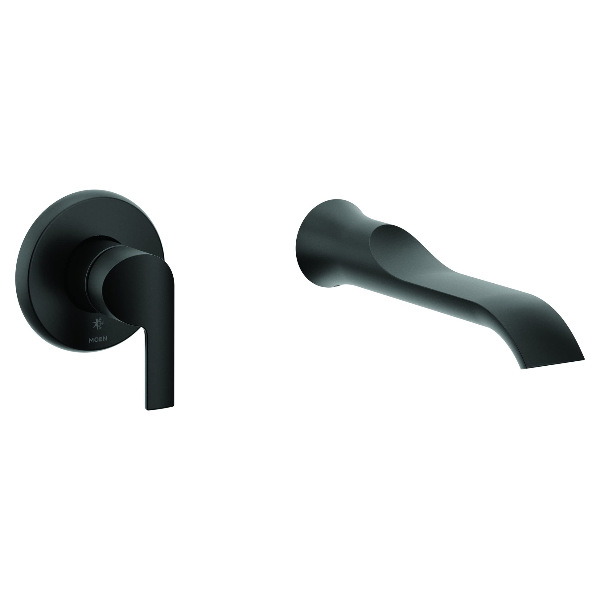 Matte black wall-mounted tub faucet with single lever handle on left and curved spout on right.