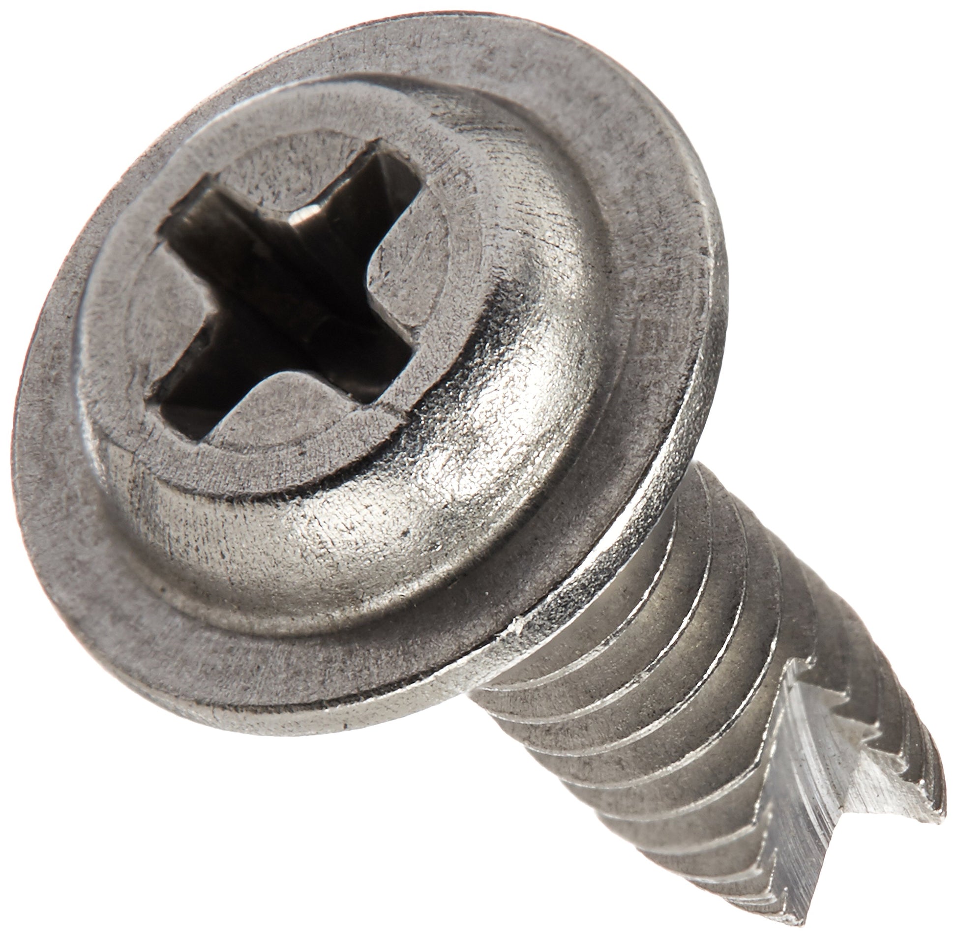 Metal set screw with Phillips head and threaded shaft.