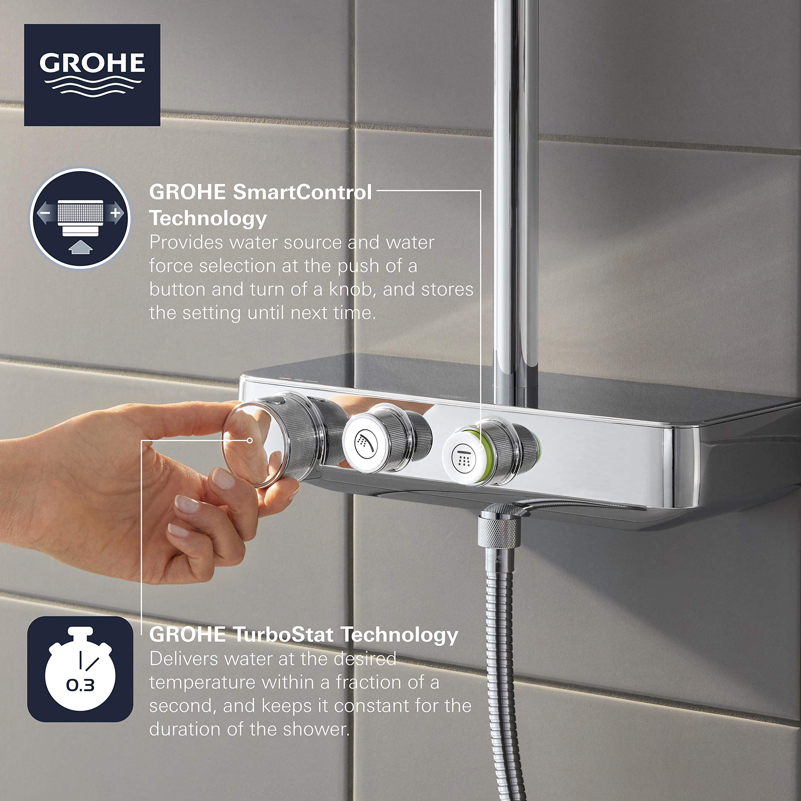 Chrome thermostatic shower system with three control knobs mounted on wall, hand adjusting left knob, flexible hose attached 