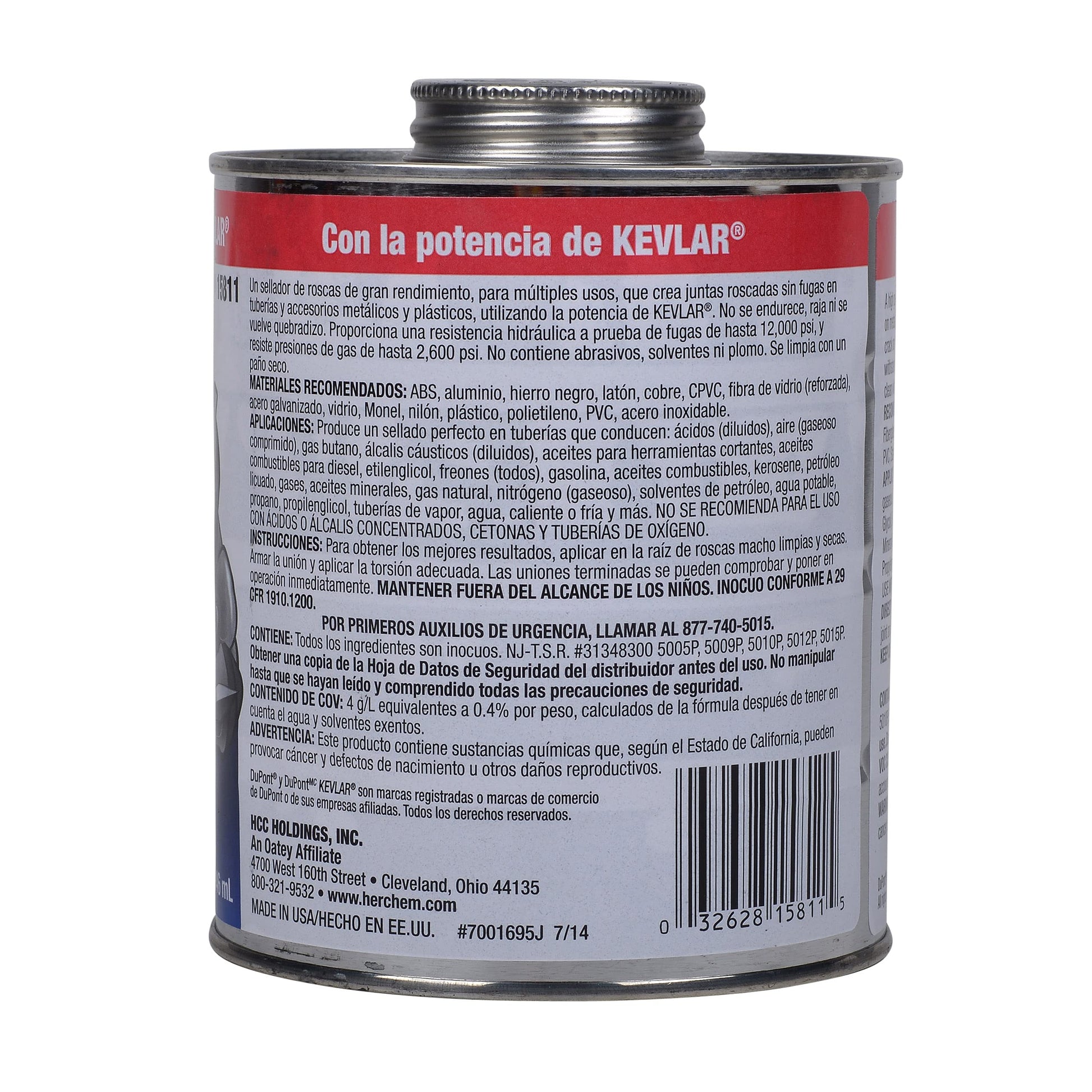 Blue thread sealant compound in metal container with screw-on cap and Spanish-language label.