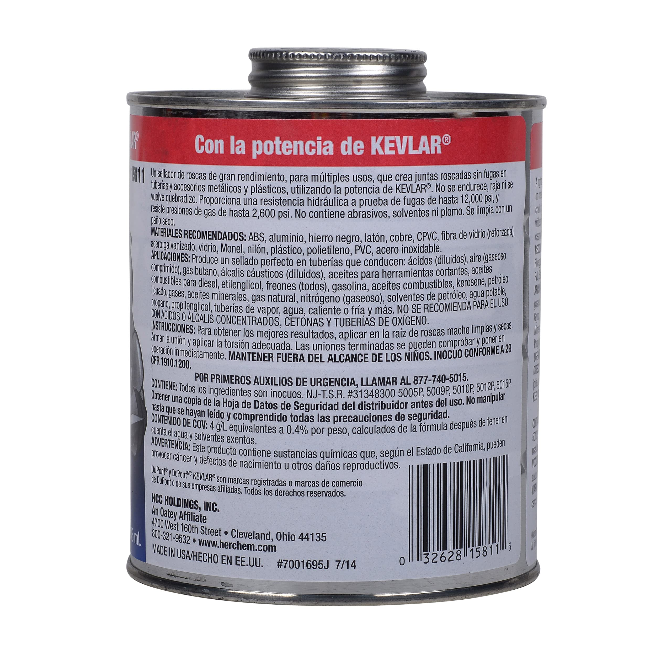 Blue thread sealant compound in metal container with screw-on cap and Spanish-language label.