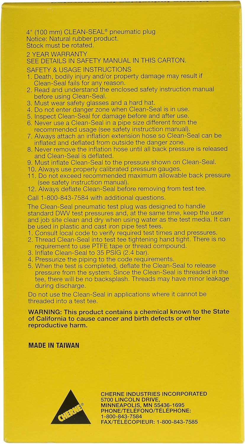 Yellow packaging box for 4-inch Clean-Seal pneumatic plug with safety instructions and product details printed in black text.