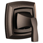 Oil rubbed bronze single-handle shower valve trim with curved rectangular escutcheon plate and lever handle.