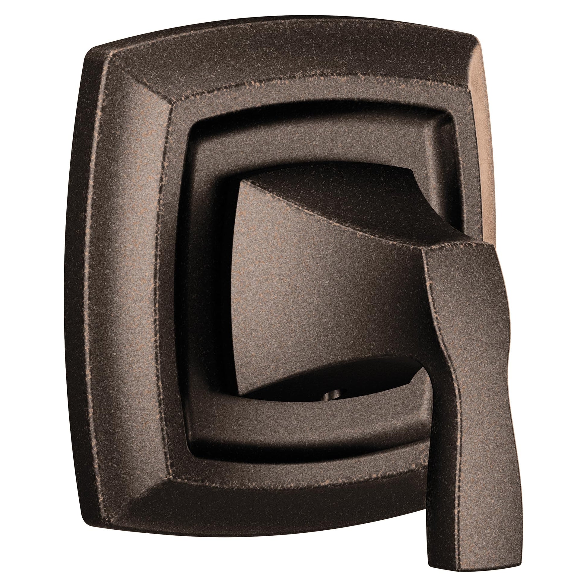 Oil rubbed bronze single-handle shower valve trim with curved rectangular escutcheon plate and lever handle.
