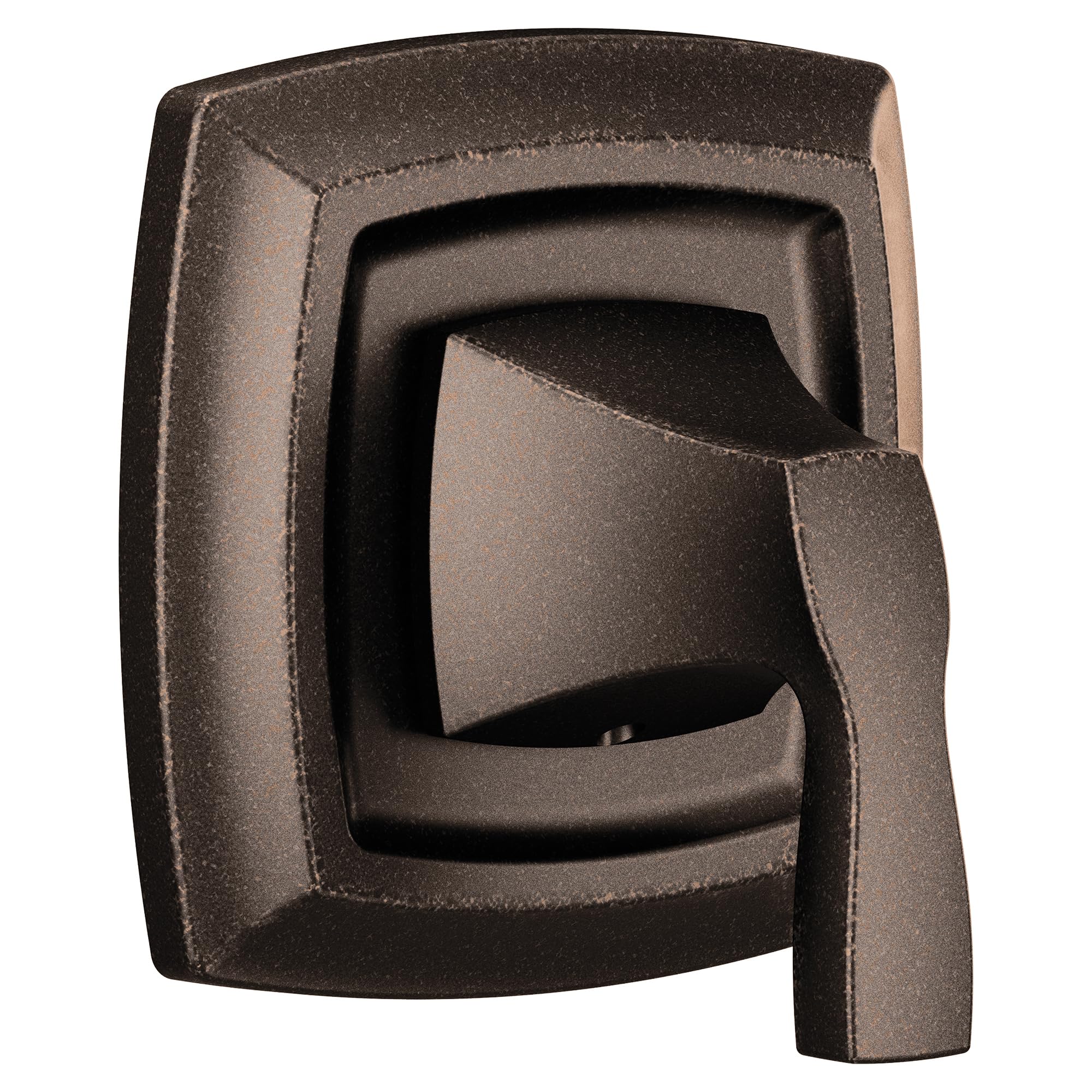 Oil rubbed bronze single-handle shower valve trim with curved rectangular escutcheon plate and lever handle.