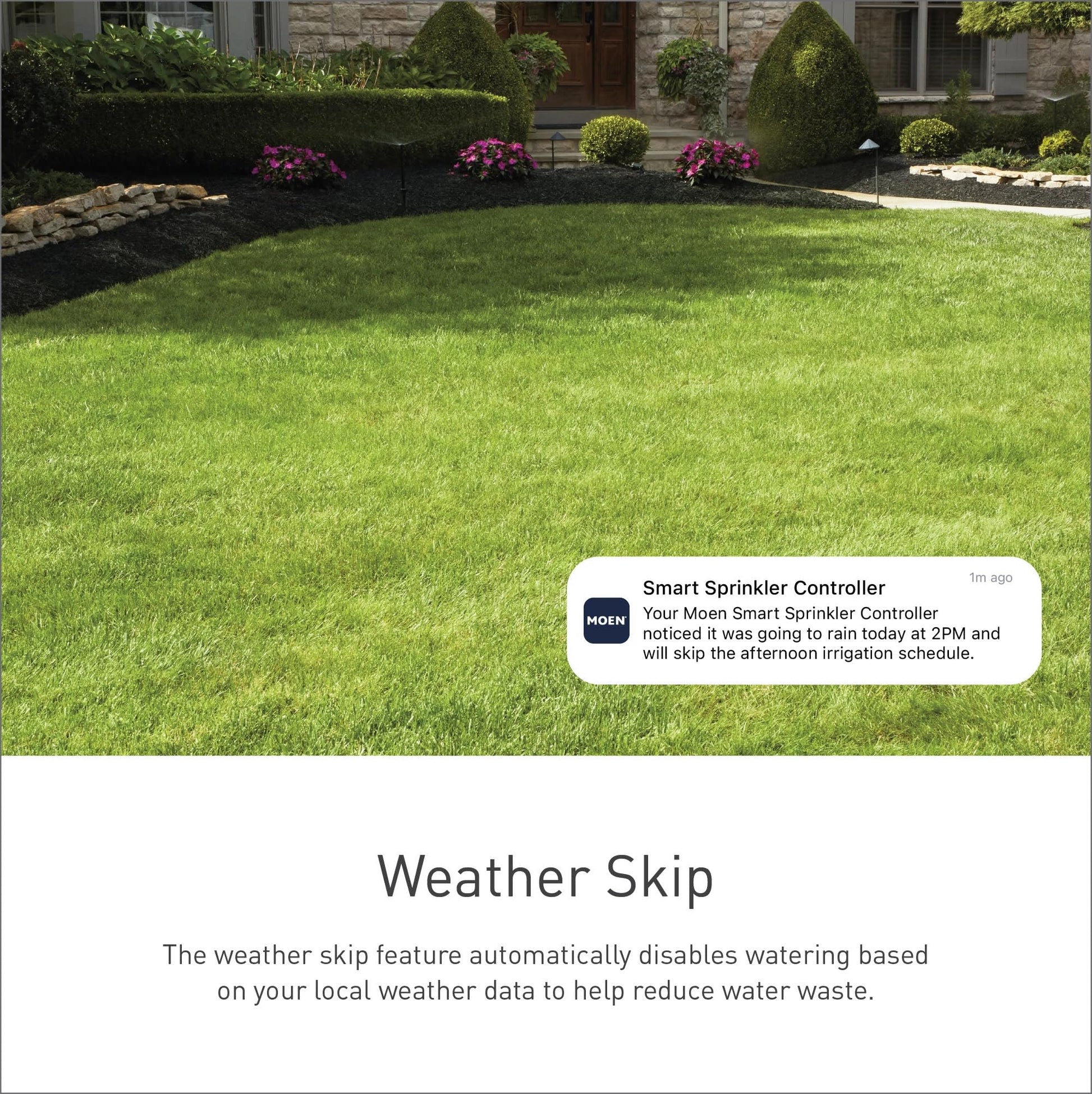 Moen smart sprinkler controller notification displayed on lawn with landscaped garden and house in background.