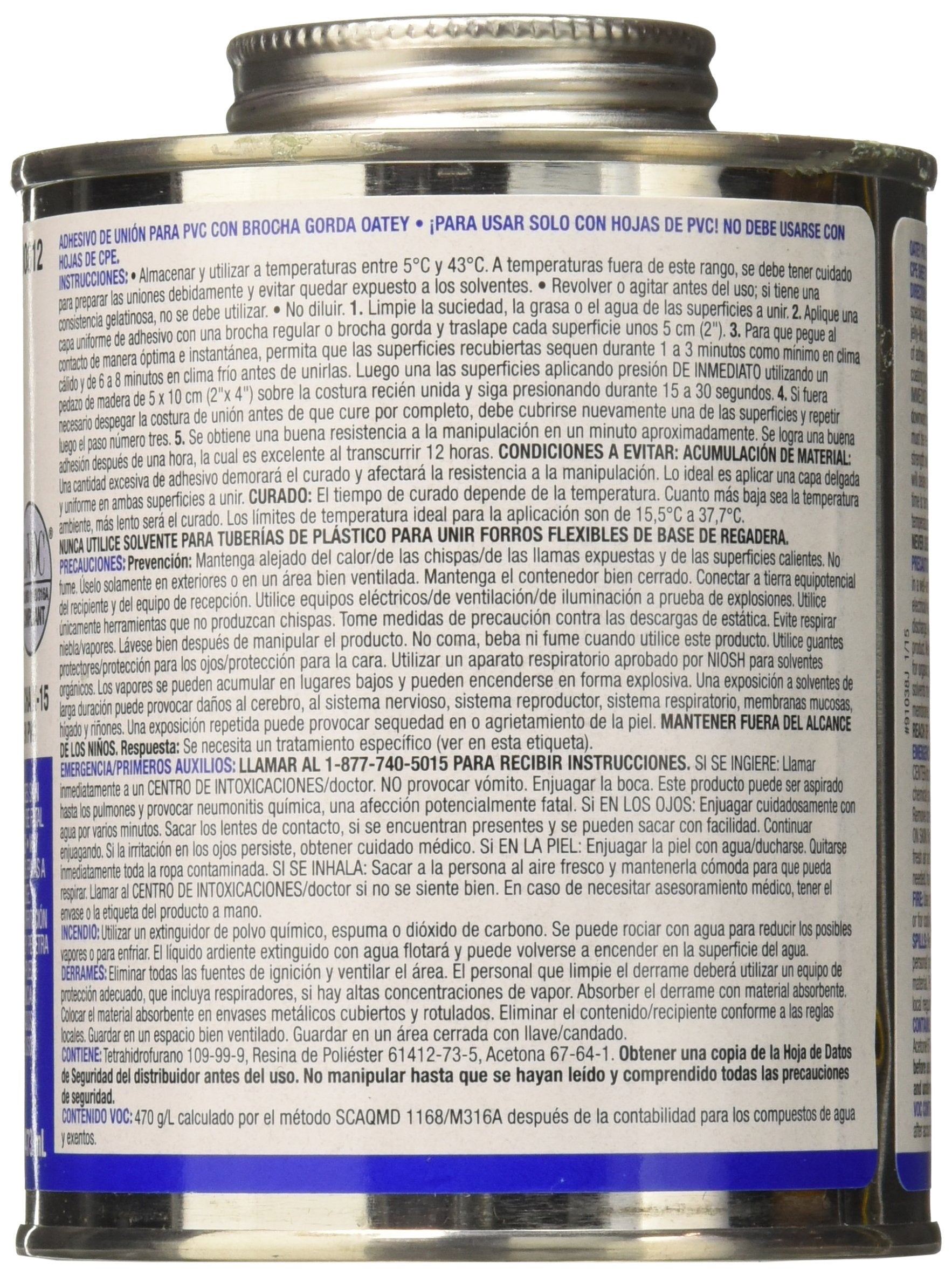 White PVC solvent cement adhesive in metal can with silver lid and blue label band.