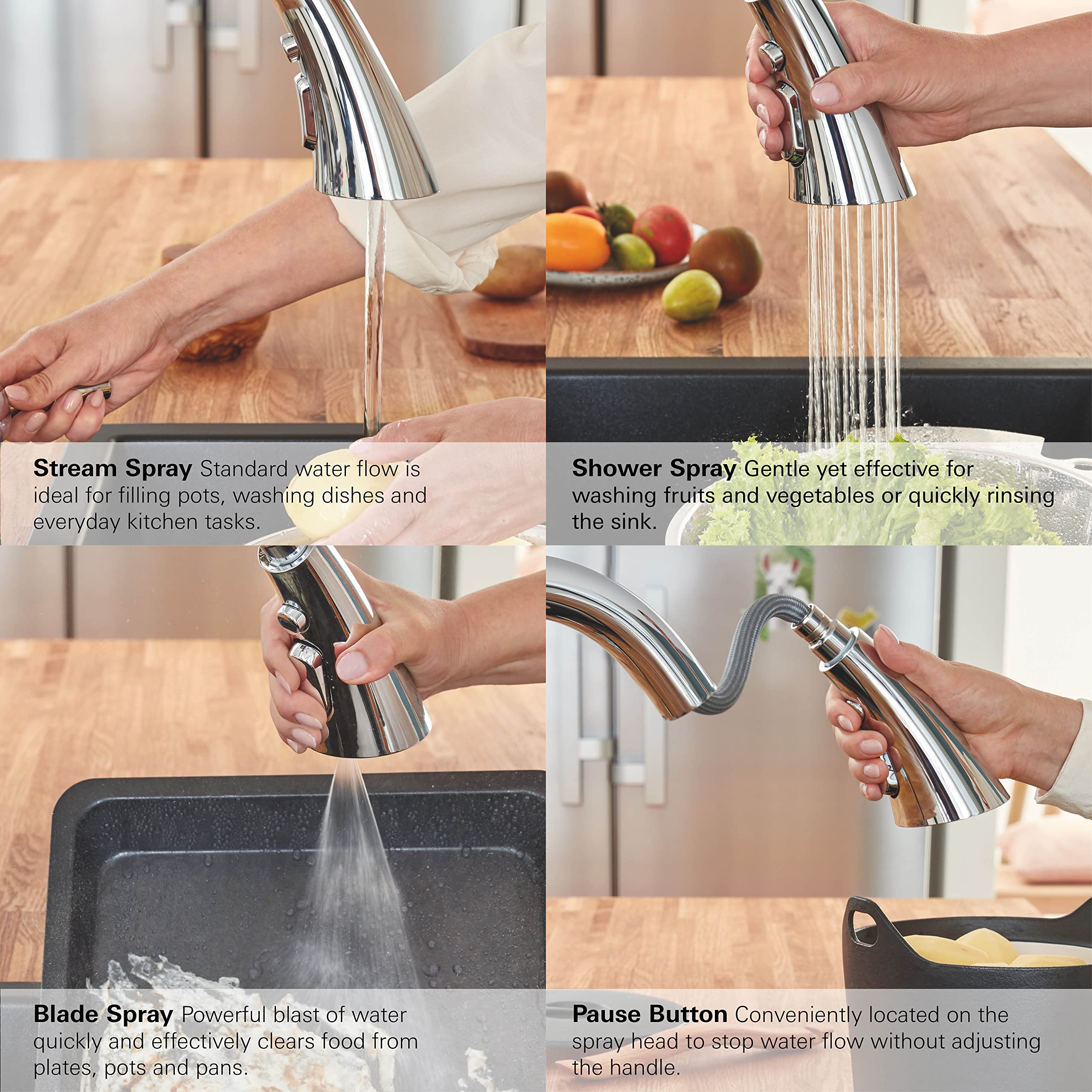 Matte black pull-down kitchen faucet with chrome spout demonstrating stream, shower, and blade spray functions over sink and 