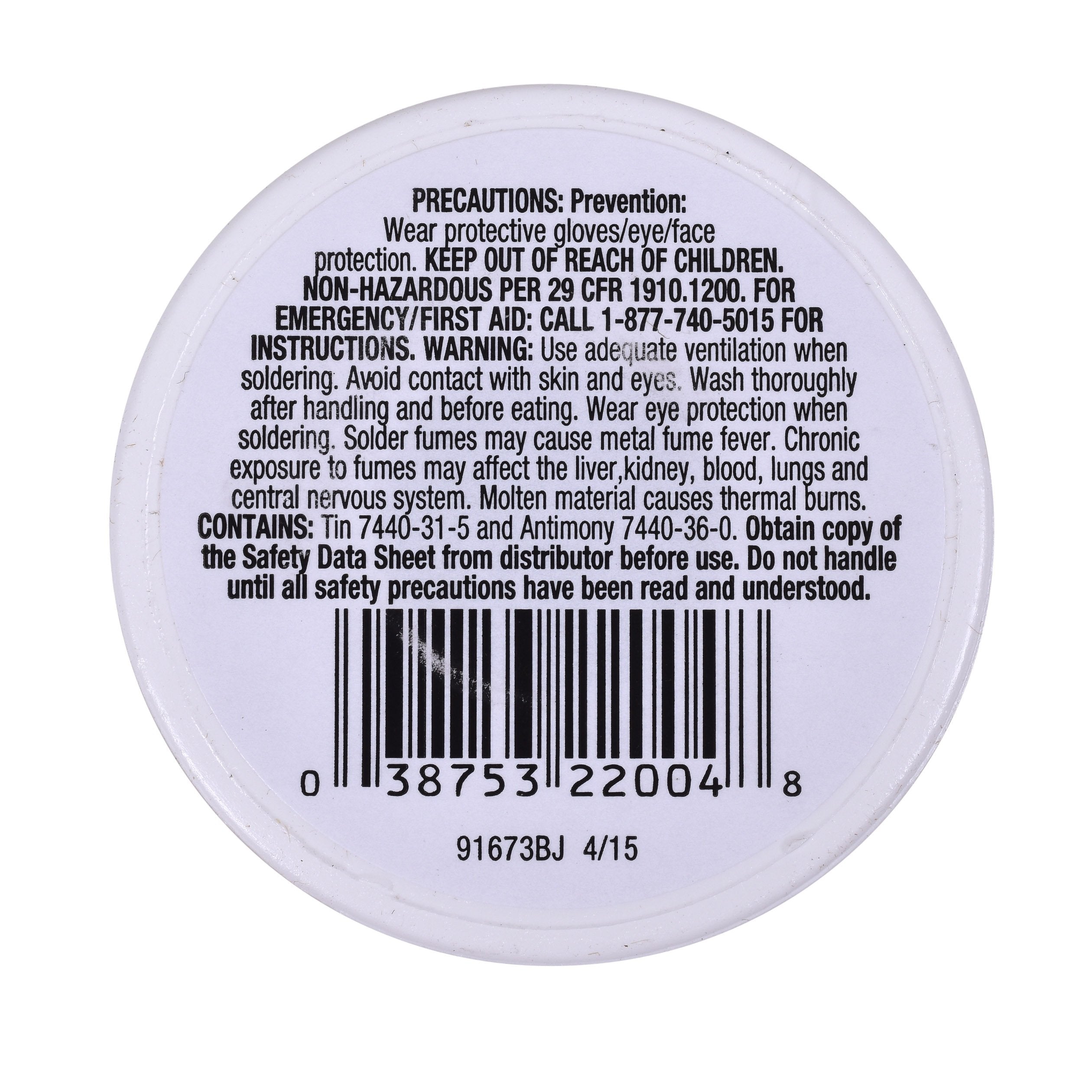 Gray circular solder wire spool with safety precautions and barcode printed on label.
