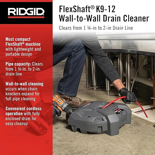 RIDGID K9-12 FlexShaft drain cleaning machine with coiled cable and drum displayed on concrete floor.