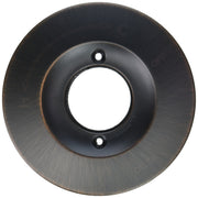 Venetian bronze circular escutcheon with center opening and two mounting holes for tub and shower installation.
