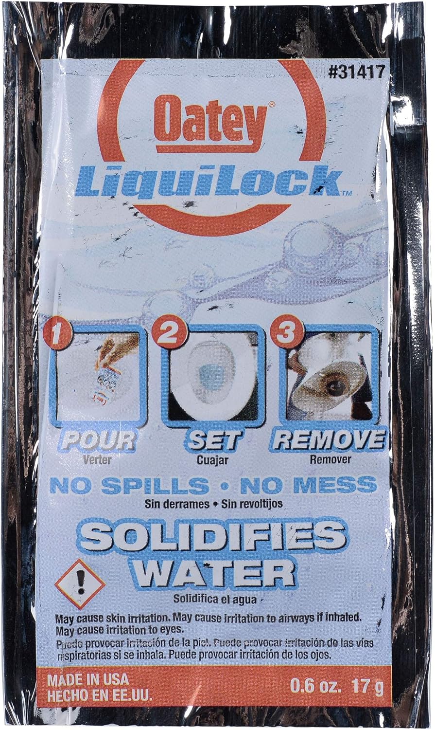 Oatey Liquilock gel packet with product instructions for toilet removal and water solidification.