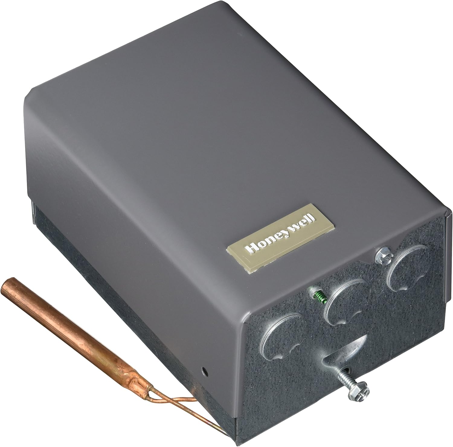 Gray rectangular Honeywell aquastat relay with three adjustment dials, copper sensing bulb, and terminal connections mounted 