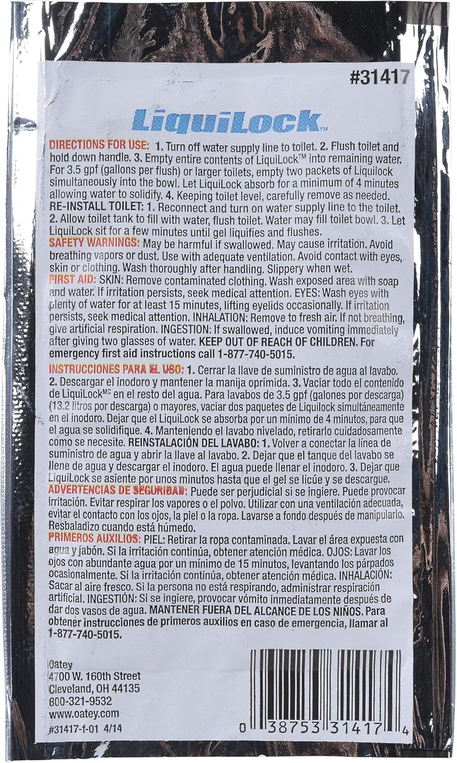 Liquilock gel packet #31417 with printed directions for use, safety warnings, and first aid instructions in English and Spani