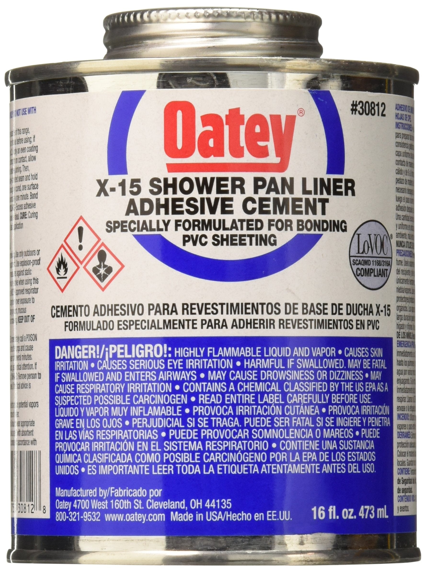 White Oatey X-15 PVC solvent cement adhesive can with metal lid and blue label, 16 fl. oz. size.
