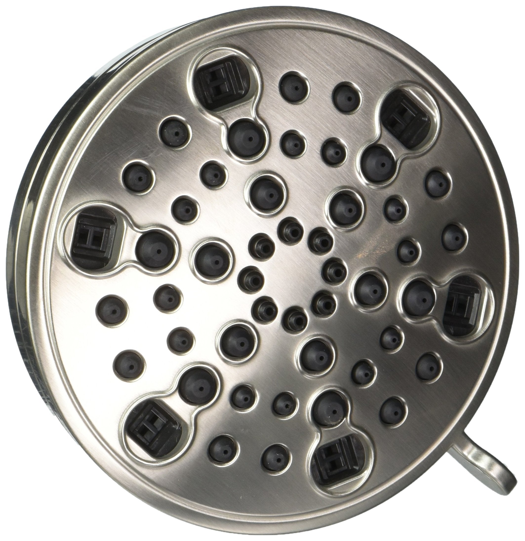 Brushed stainless steel circular shower head with multiple spray holes and six black control buttons positioned around the pe