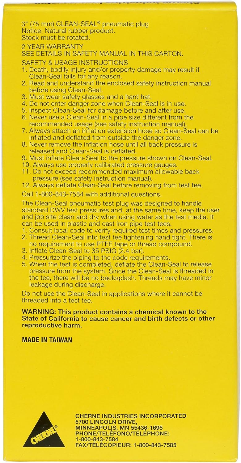 Yellow Cherne Clean-Seal pneumatic plug packaging with black text showing product specifications and safety instructions.