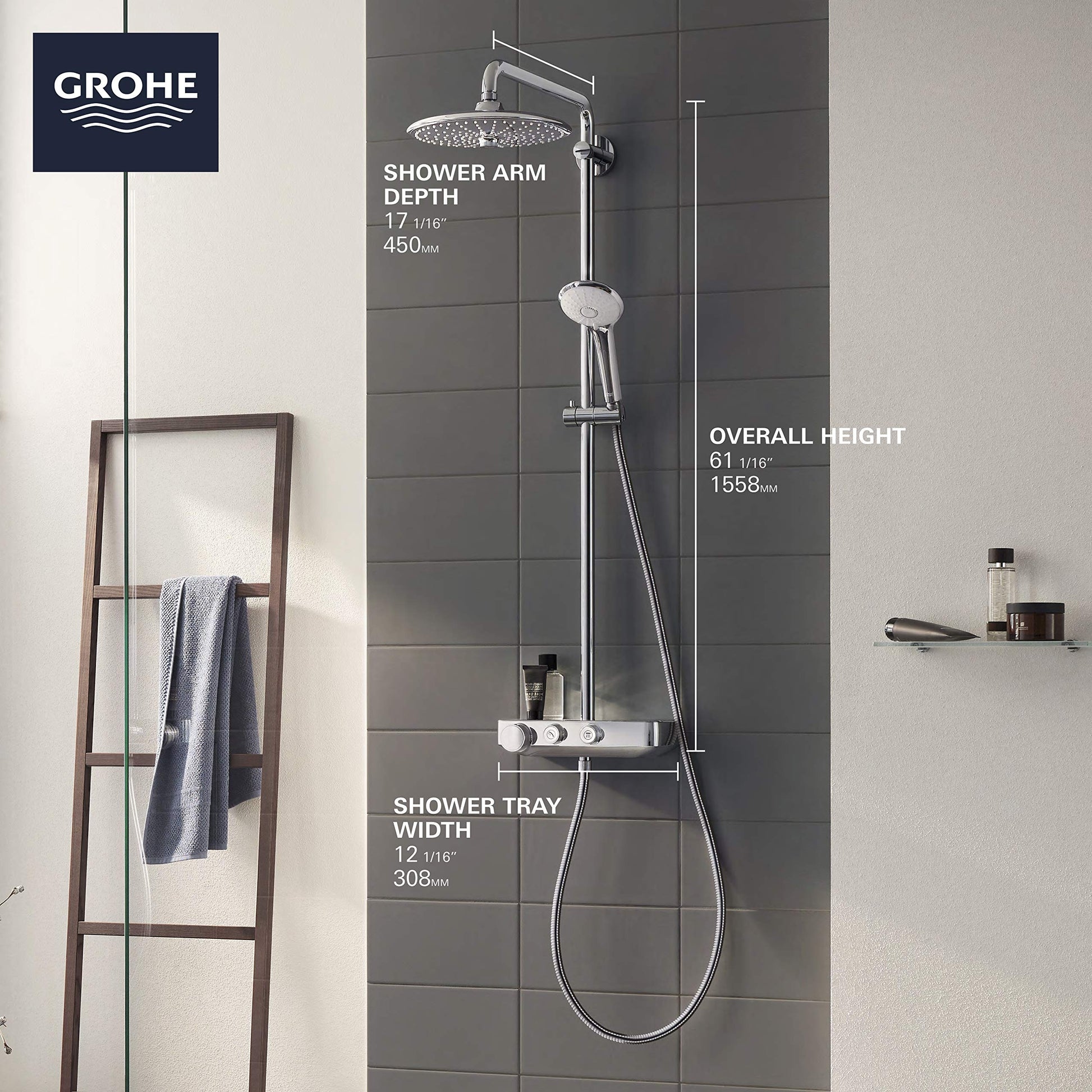 Chrome thermostatic shower system with overhead rain showerhead, handheld spray, and control valve mounted on gray tile wall.