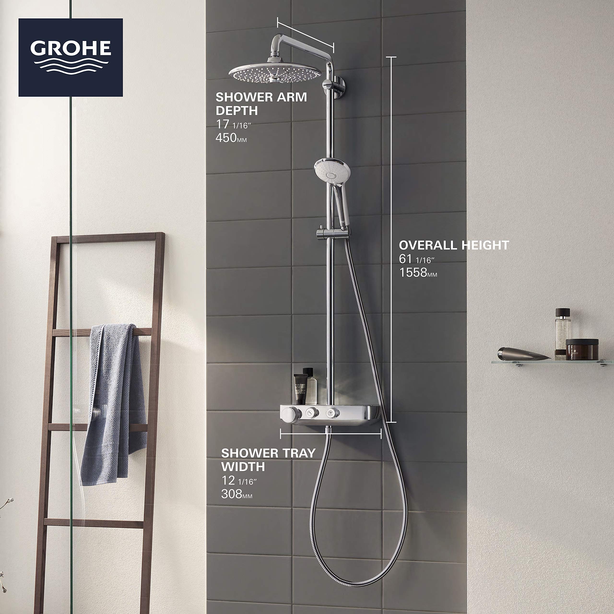 Chrome thermostatic shower system with overhead rain showerhead, handheld spray, and control valve mounted on gray tile wall.