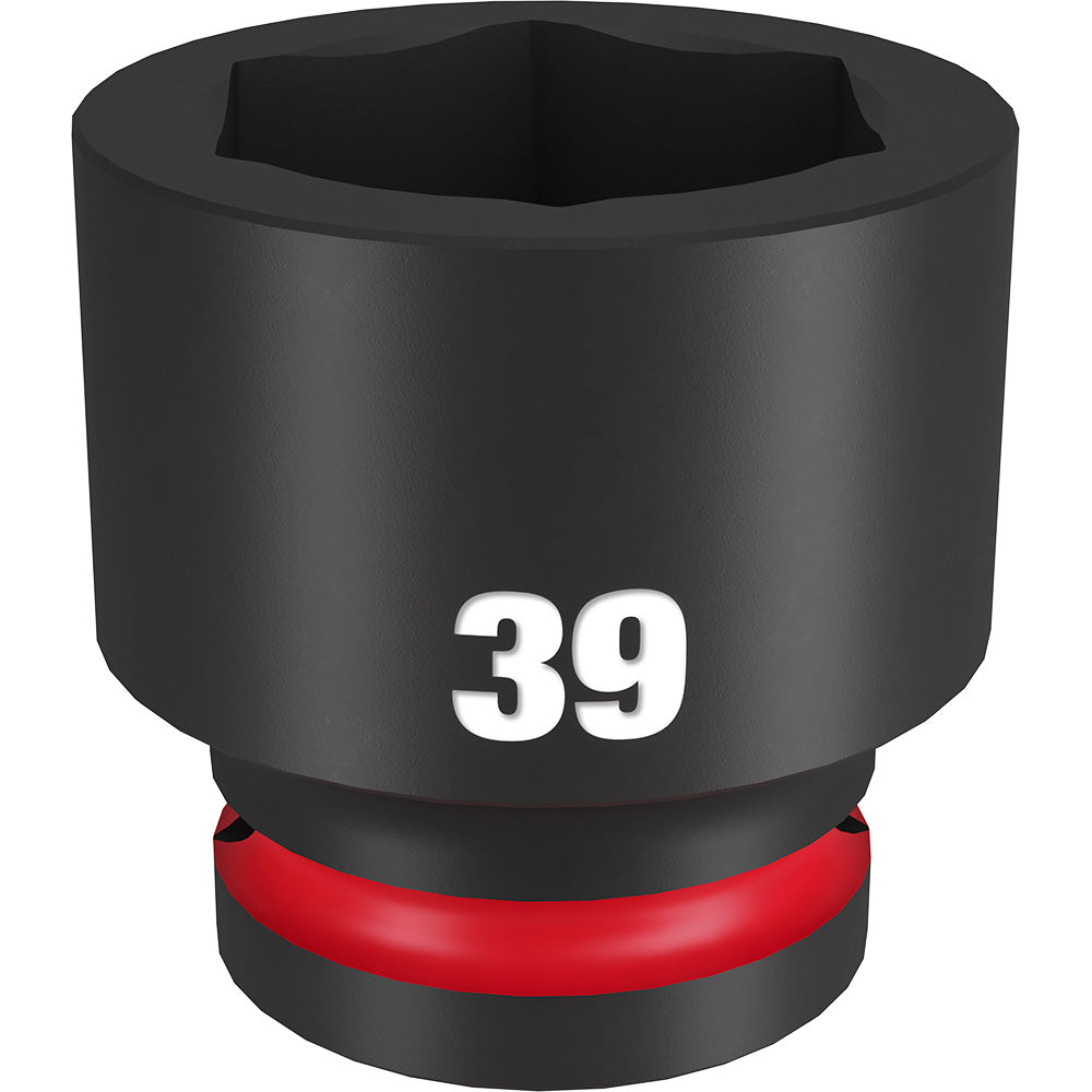 Black 39MM socket with hexagonal opening and red band on base for 3/4" drive.