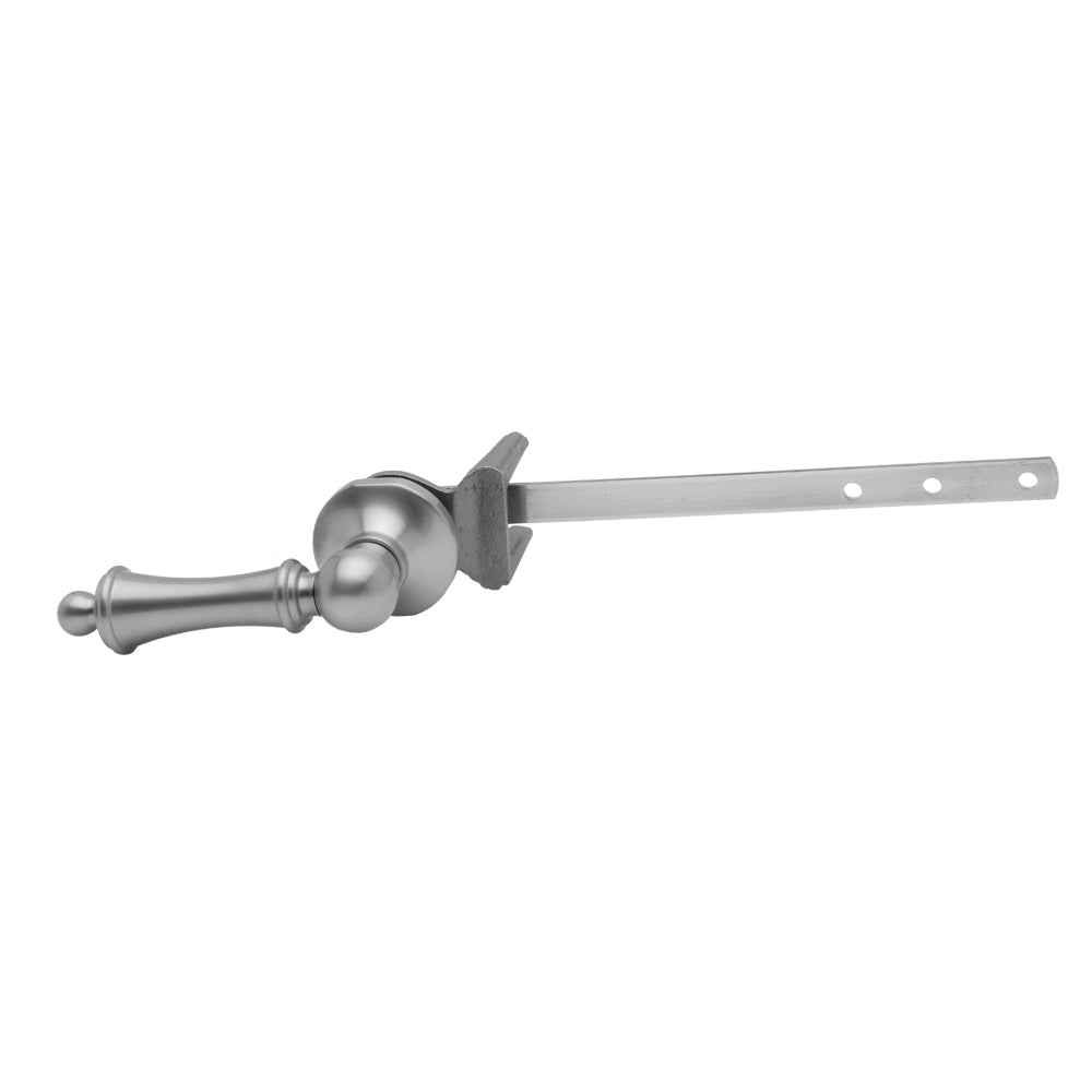 Polished chrome toilet tank trip lever with decorative handle and flat mounting arm with three holes.