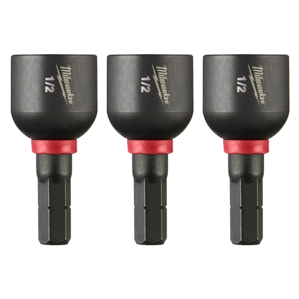 Three black Milwaukee 1/2" magnetic nut drivers with red collars and engraved branding on the sockets.