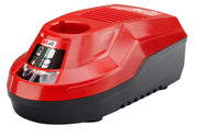 Red and black Milwaukee M4 battery charger with circular battery slot on top and digital display panel.