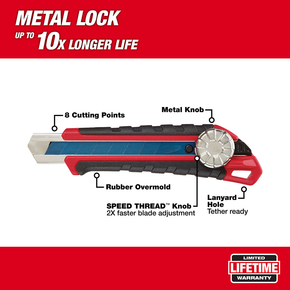 Red and black snap-off knife with metal lock, rubber grip, metal knob, and eight cutting points visible from side view.