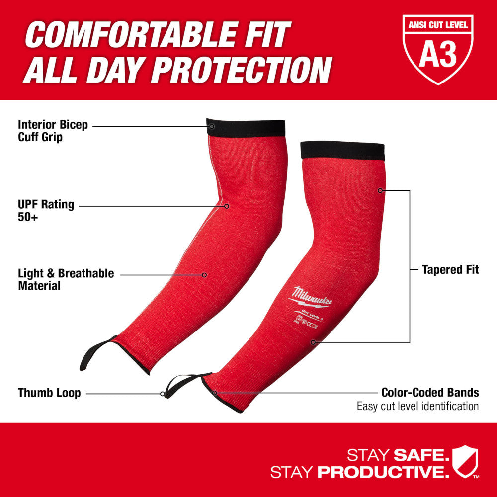 Pair of red protective sleeves with black cuff and thumb loop, labeled ANSI Cut Level A3.