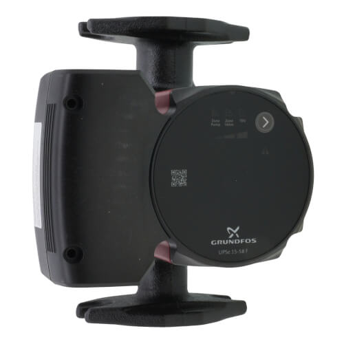 Black Grundfos wet rotor circulator pump with round control panel, inlet/outlet connections, and mounting feet.
