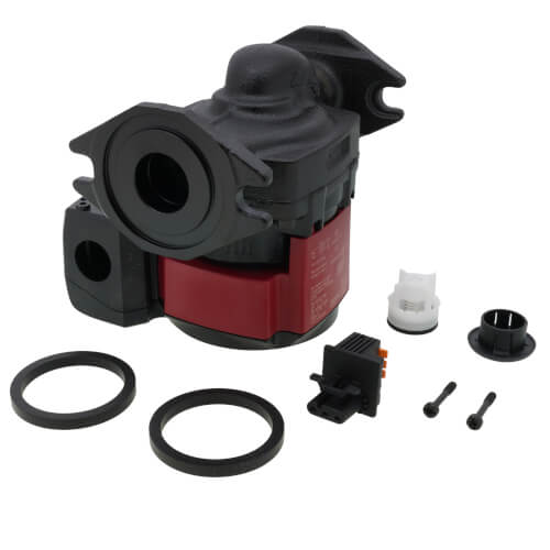 Grundfos UPSe 15-58F circulator pump in black and red with included gaskets, connector, and mounting hardware.